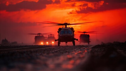 Fototapeta premium Military helicopters lined up on a runway against a dramatic sunset sky, showcasing powerful silhouettes and vibrant colors, emphasizing strength and readiness for action