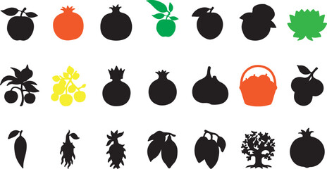Collection of various fruit and vegetable silhouettes isolated on transparent background