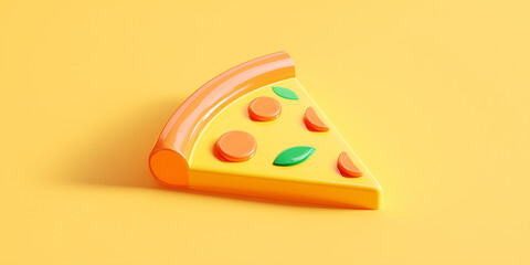 minimalist three dimensional glossy pizza slice icon in coral orange and cream white colors centered on a solid smooth lemon yellow background.