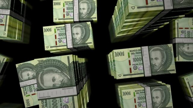 Paraguay guarani Paraguayan money notes packs loop. 3D flight over 100000 PYG banknotes stacks towers. Loopable seamless abstract background concept of business, economy crisis and finance.