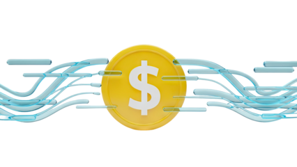 3D Rendering of a Gold Coin with Dollar Sign and Flowing Blue Tubes