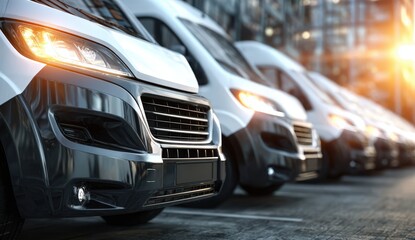 Fototapeta premium Fleet of modern commercial vans parked in a row, showcasing sleek designs and shiny exteriors, illuminated by warm sunlight in an urban environment with copy space