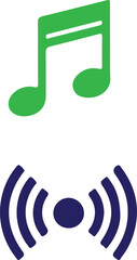 Green musical note and blue sound wave icon isolated on transparent background