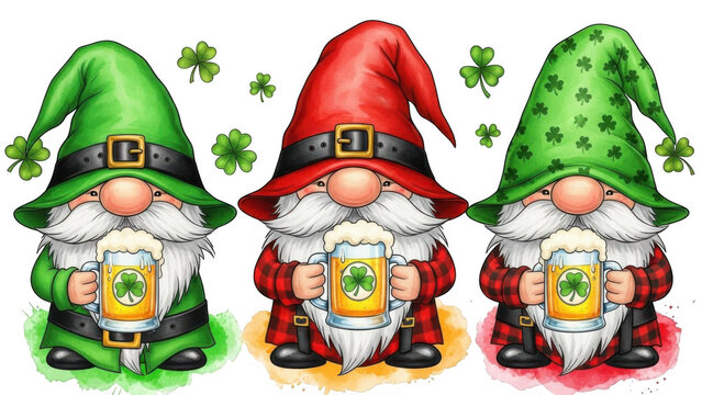 Three gnomes celebrating st. patrick's day isolated on transparent background