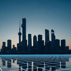 Shanghai Skyline Silhouette Modern Cityscape Reflection at Dusk.