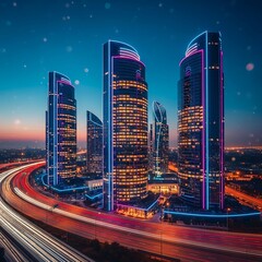 Futuristic Cityscape at Night Neon Skyscrapers  Light Trails.