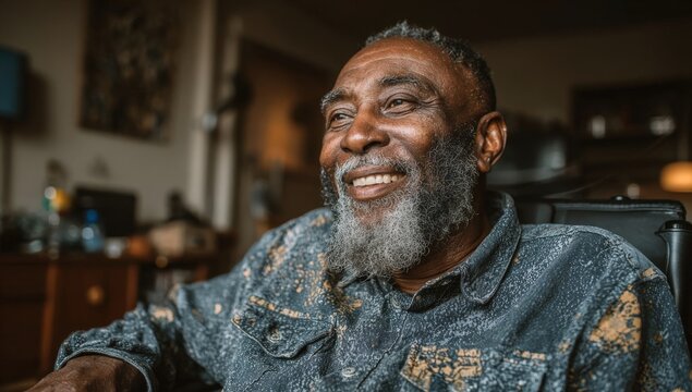 African American man with a joyful smile, wearing a denim shirt, is seated in a cozy living room, surrounded by warm lighting and personal decor, radiating happiness and contentment