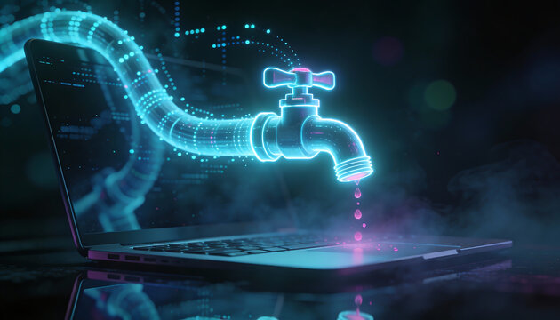 neon data pipeline coming out of laptop screen with glowing faucet dripping digital drops representing information flow streaming technology big data processing and internet connectivity - Powered by Adobe