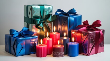 Colorful gift boxes with ribbons and lit candles in front of them blue