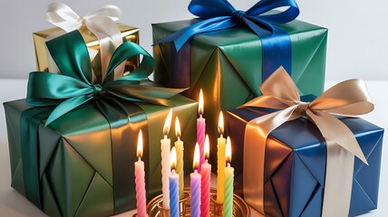 Colorful gift boxes with ribbons and lit candles in front