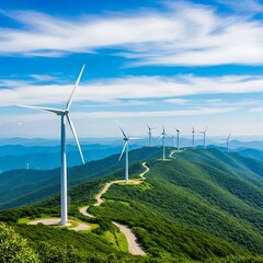 Wind Turbines on Green Hills Renewable Energy Landscape.