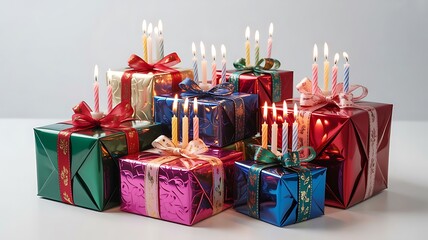 Colorful wrapped gifts with lit candles on arranged in a pyramid shape presents