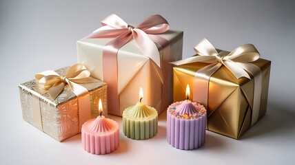 Four Wrapped Gifts with Lit Candles in Front on a Light Background ribbons