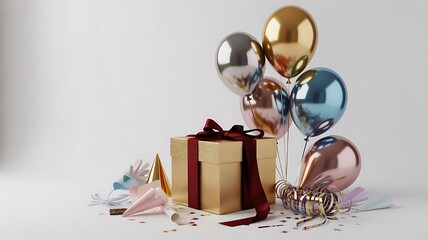 Gold gift box with red ribbon surrounded by metallic balloons and party decorations