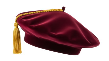Burgundy velvet academic cap with gold tassel isolated PNG, graduation mortarboard for university commencement ceremony