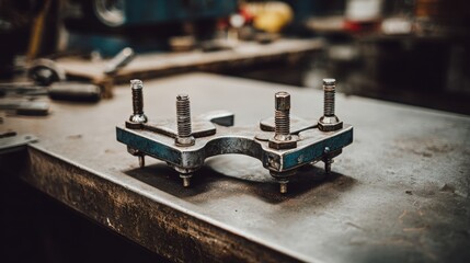 Close up of industrial clamp holding two metal pieces