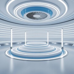 Futuristic Presentation Stage with Circular Design and Neon Lights.