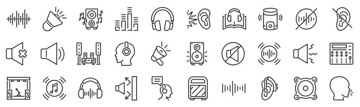 Set of 30 outline icons related to sound. Linear icon collection. Editable stroke. Vector illustration