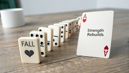 Dominoes falling in a row illustrating strength and rebuilding