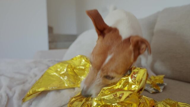 Active dog playing with golden foil balloon on sofa in living room, pulling and biting it to destroy. Concept of pet behavior