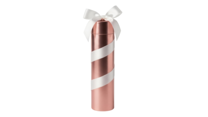 Elegant rose gold thermos with white ribbon isolated PNG, stylish drink container for hot and cold beverages on transparent background