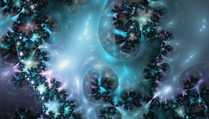 Vibrant abstract backgrounds with fractal patterns and glowing orbs in a cosmic environment viewed from above