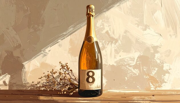Champagne bottle with number 8 on the label. Rustic illustration for birthday or anniversary celebration