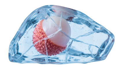 Exotic lychee fruit frozen in cracked ice PNG isolated on transparent background, refreshing...