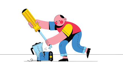 Obraz premium Repairing Broken Appliance - Illustration of Man Fixing Blender with Screwdriver & Wrench
