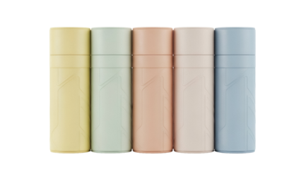 Pastel colored cardboard tubes isolated PNG, cylindrical packaging mockups for cosmetic products and branding design on transparent background