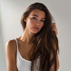 Fototapeta premium beautiful young woman full body studio portrait, attractive brunette woman standing in professional studio