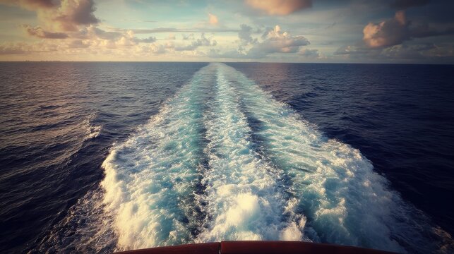 Cruise Ships Wake on the Ocean Disappearing Into the Horizon