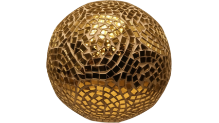 Golden mosaic sphere isolated PNG on transparent background, decorative ball with gold tiles for design elements and festive decorations