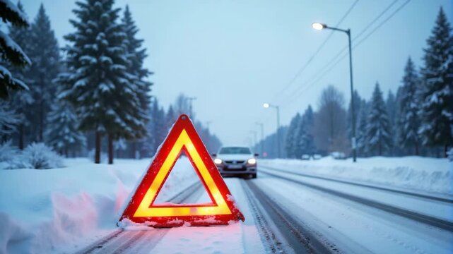 Emergency warning triangle on snowy winter road with parked stationary car and low visibility conditions