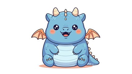Fototapeta premium Cute Blue Baby Dragon Sitting with Small Wings and Horns