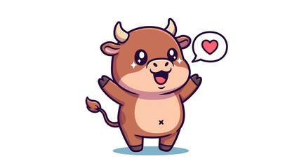 Obraz premium Cute Happy Brown Cartoon Cow Character Holding Heart with Sparkles