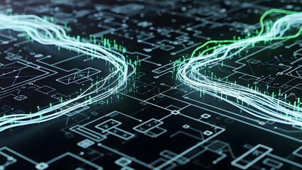Futuristic circuit board with glowing neon lines and microchips, technology concept, top view