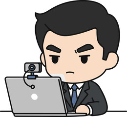 Online Meeting Man Video Call Remote Work Business Concept, Flat Cartoon Illustration Style