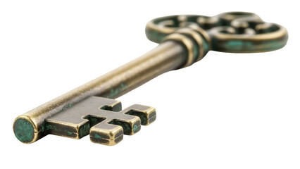 Antique brass key PNG isolated on transparent background, vintage ornate skeleton key for design...