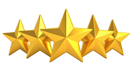 Five golden stars, rendered with intricate detail, arranged to represent an outstanding rating