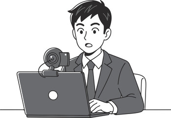 Online Meeting Man Video Call Remote Work Business Concept, Flat Cartoon Illustration Style