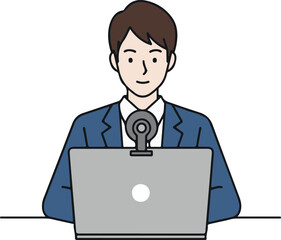 Online Meeting Man Video Call Remote Work Business Concept, Flat Cartoon Illustration Style