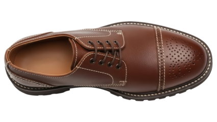 Brown leather Oxford shoe isolated PNG on transparent background, classic men s footwear for formal occasions and professional attire