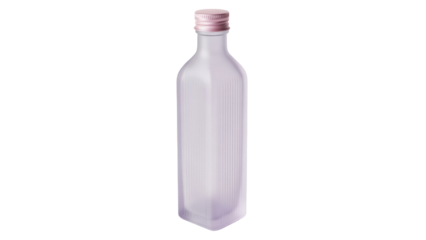 Elegant clear glass bottle with pink cap isolated PNG, minimalist design for cosmetic product mockups and beverage packaging on transparent background