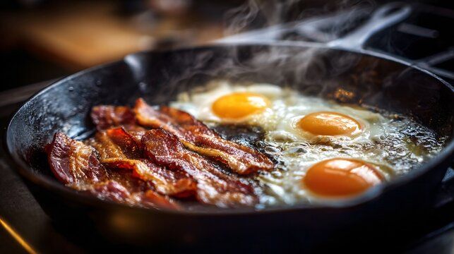 Eggs frying beside bacon in cast-iron pan, stovetop scene, realistic cooking action, warm kitchen lighting
