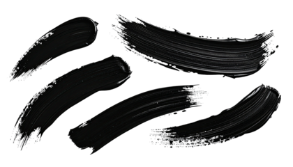 Five sleek, black paint brush strokes, showcasing texture against a black background