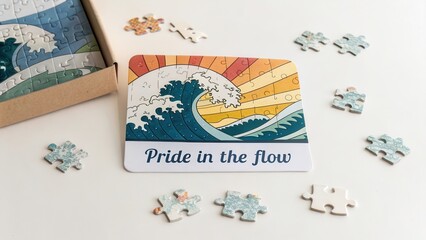 Finished jigsaw puzzle of a glowing ocean wave scene