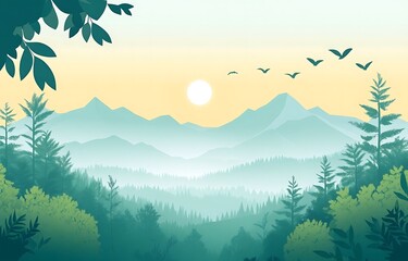 Aerial view of lush green forest landscape with distant mountains and flying birds under a bright sun