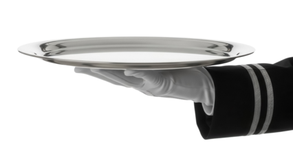 Waiter holding silver tray PNG isolated on transparent background, catering service for restaurants and special events