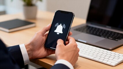 Person holding smartphone with bell icon